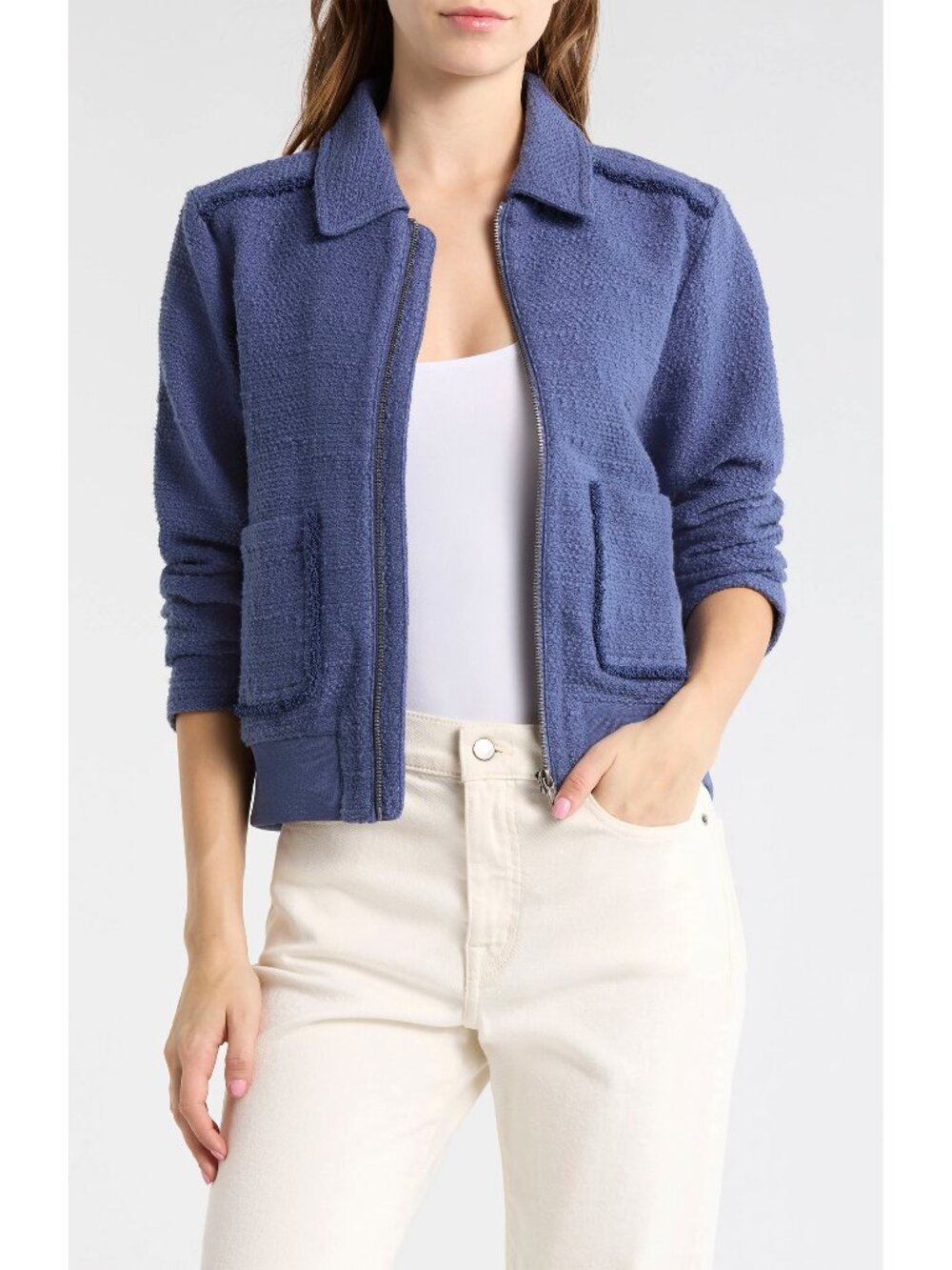 MELROSE AND MARKET NWT TEXTURED COTTON BLEND INDIGO BOMBER JACKET. SIZE M